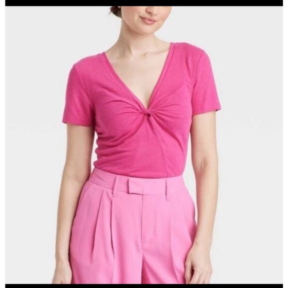 a new day Tops - A New Day Linen V Neck Twist Short Sleeve Top Pink Women 4X